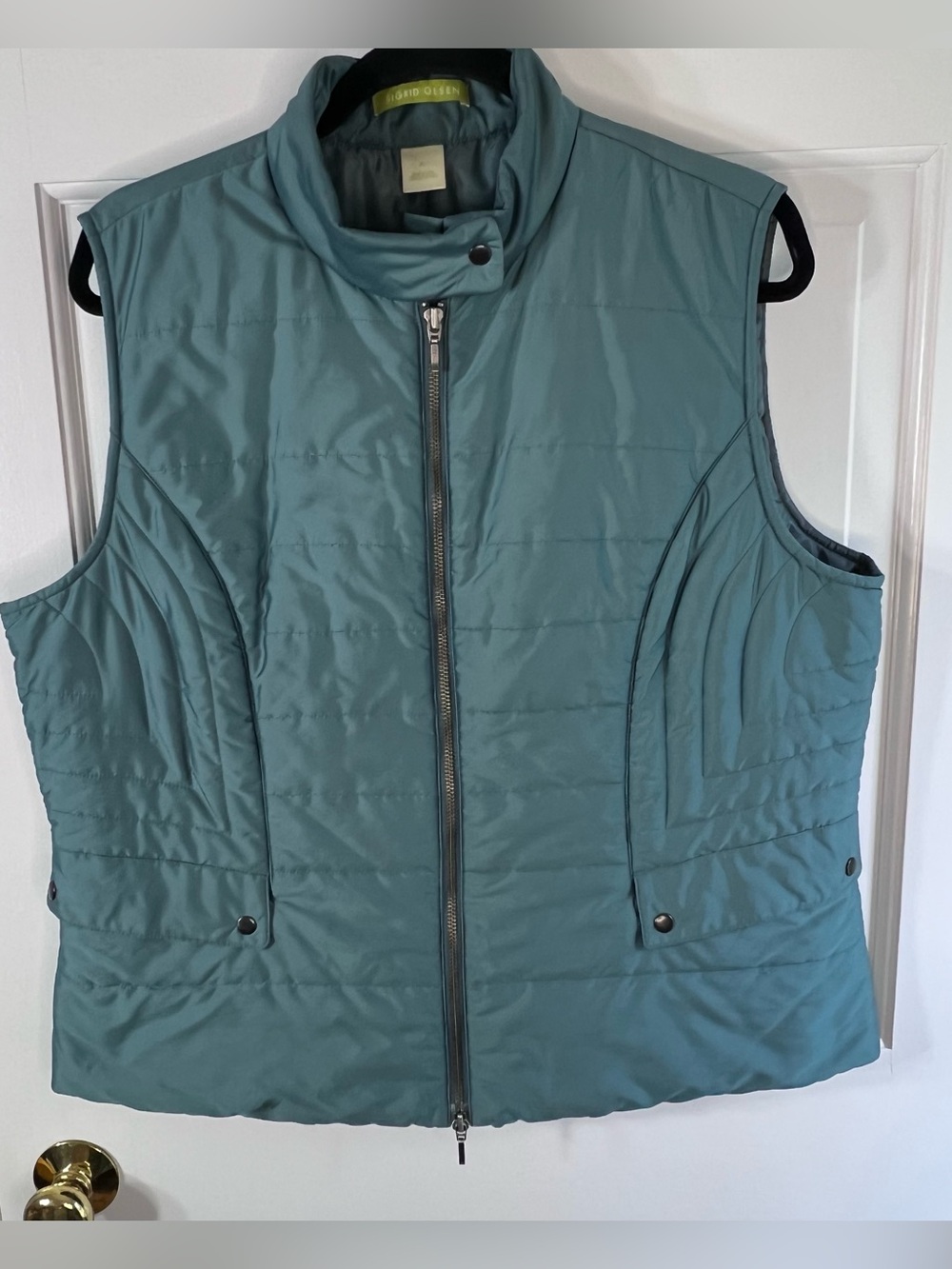 Sigrid Olsen Quilted Teal Puffer Vest, Snap Collar, Front Snap Pockets, Size XL